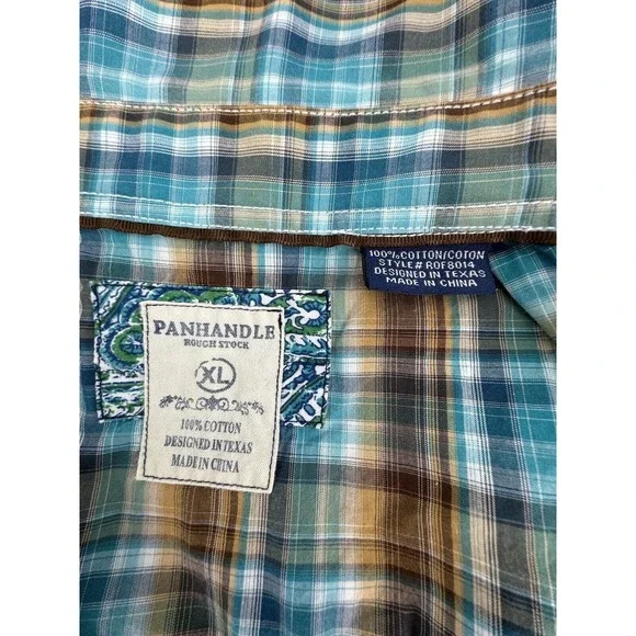 Panhandle Rough Stock XL Blue/Brown Plaid With Paisley Cuff Pearl Snap Shirt - Picture 7 of 8
